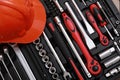 Toolbox, tools kit detail and orange protective helmet close up. instruments. set of tools. car tool kit. tool set Royalty Free Stock Photo