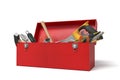 Toolbox with tools partially opened on white
