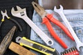 Toolkit in a blue jeans background Royalty Free Stock Photo