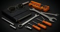 Tools and Accessories on Black Surface Silver Wrenches, Orange Screwdrivers, Black Notebook Royalty Free Stock Photo