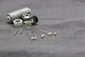 Tools and accessories for sewing on a background of linen fabric Royalty Free Stock Photo