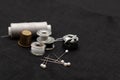 Tools and accessories for sewing on a background of linen fabric Royalty Free Stock Photo