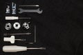 Tools and accessories for sewing on a background of linen fabric Royalty Free Stock Photo