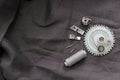 Tools and accessories for sewing on a background of linen fabric Royalty Free Stock Photo