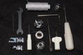 Tools and accessories for sewing on a background of linen fabric Royalty Free Stock Photo