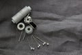 Tools and accessories for sewing on a background of linen fabric Royalty Free Stock Photo