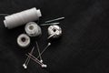 Tools and accessories for sewing on a background of linen fabric Royalty Free Stock Photo
