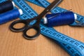 Tools and accessories for sewing. Sewing thread, scissors, tailo Royalty Free Stock Photo