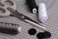 Tools and accessories for sewing. Sewing thread, scissors, butto Royalty Free Stock Photo