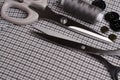Tools and accessories for sewing. Sewing thread, scissors, butto Royalty Free Stock Photo