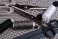 Tools and accessories for sewing. Sewing thread, scissors, butto Royalty Free Stock Photo