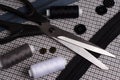 Tools and accessories for sewing. Sewing thread, scissors, butto Royalty Free Stock Photo