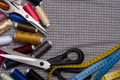 Tools and accessories for sewing. Sewing thread, scissors, tailo Royalty Free Stock Photo