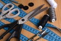 Tools and accessories for sewing. Sewing thread, scissors, tailo Royalty Free Stock Photo