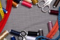 Tools and accessories for sewing. Sewing thread, scissors, zippe Royalty Free Stock Photo