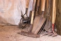 Tools for agriculture are rustic garage, shovel, rake and the other garden items