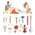 Tools for archeology excavations, ancient artifact and working archaeologists.