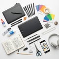 Tools arranged on a white surface include two graphics tablets with styluses, Royalty Free Stock Photo