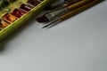 artist`s tools, professional watercolor paints in a box, brushes