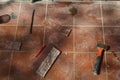 Work tools leaning on the pavement ready to be used Royalty Free Stock Photo