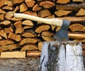 Tools axe and birch log Royalty Free Stock Photo