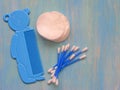 Tools for babies on blue wooden background with copy space Royalty Free Stock Photo