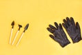 The tools and black gloves, implements and farm or household equipment on yellow background. Top view. Space for text Royalty Free Stock Photo