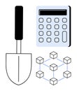 Tools for Blockchain Mining Featuring Calculator, Trowel, and Network Nodes Royalty Free Stock Photo