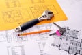 Tools on Blueprints including monkey wrench, keys Royalty Free Stock Photo