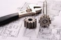 Tools on Blueprints including sprocked stacks and Royalty Free Stock Photo