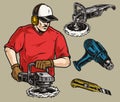 Tools of buffing worker colorful elements set