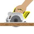 Builder saws a board with a circular saw in the cutting a wooden plank.