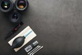 Tools for cleaning the camera with lenses on a dark textured background Royalty Free Stock Photo