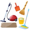 Tools for cleaning and housework. Color images of hoover with carpet, mop with bucket of water, broom with dustpan on white Royalty Free Stock Photo