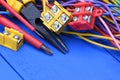 Tools and component kit used in electrical installations Royalty Free Stock Photo