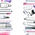 Tools and cosmetics for the master of eyelash and eyebrow extension and lamination. Watercolor illustration, hand drawn