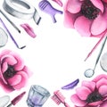 Tools and cosmetics for the master of eyelash and eyebrow extension and lamination. Watercolor illustration, hand drawn