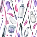 Tools and cosmetics for the master of eyelash and eyebrow extension and lamination. Watercolor illustration, hand drawn