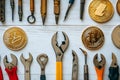 Tools and Crypto Gold Coins Wrenches, Screwdrivers, Pliers on White Wood Background Royalty Free Stock Photo