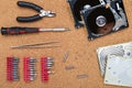 Disassembled hard drive and tools Royalty Free Stock Photo