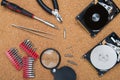 Disassembled hard drive and tools Royalty Free Stock Photo