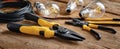 The tools for electrical work and DIY projects arranged on a wooden surface. AI generated image Royalty Free Stock Photo