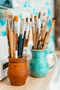 Tools and equipment for the artist. Palette and brushes close-up. The process of drawing and creativity. The picture is Royalty Free Stock Photo