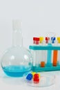 Tools and equipment for chemical research on white background Royalty Free Stock Photo