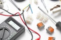 Tools and equipment of an electrical engineer or professional worker on a white background Royalty Free Stock Photo