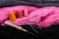 Tools for felting on a background of wool Royalty Free Stock Photo