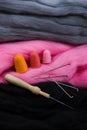 Tools for felting on a background of wool Royalty Free Stock Photo