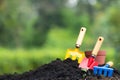 Tools garden soil and hydrangea flower in flower pot over natur Royalty Free Stock Photo