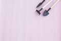 Tools for gardening at home. Growing food on windowsill. Flatlay on pink background.