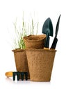 Tools for gardening: peat pot with seedlings and shovels isolated